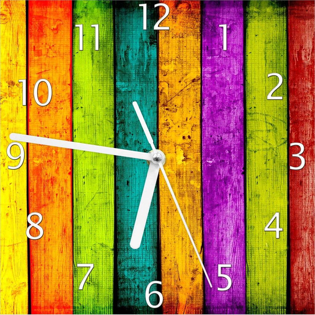 Wallario Design Wanduhr Buntes Holz - bunte Streifen mit Farbe und Holzstruktur aus Echtglas, Größe 20 x 20 cm