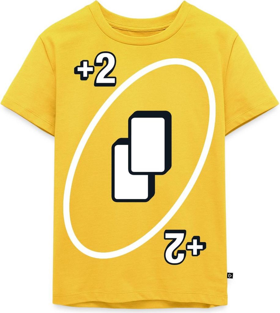 Spreadshirt UNO Karten Kostüm +2 Zwei-Ziehen-Karte Kinder Premium T-Shirt, 134/140 (8 Jahre), Sonnengelb