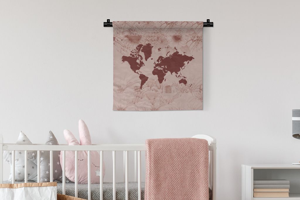 MuchoWow® Wandteppich Wandbehang Weltkarte - Rot - Pflanzen Produktbild 