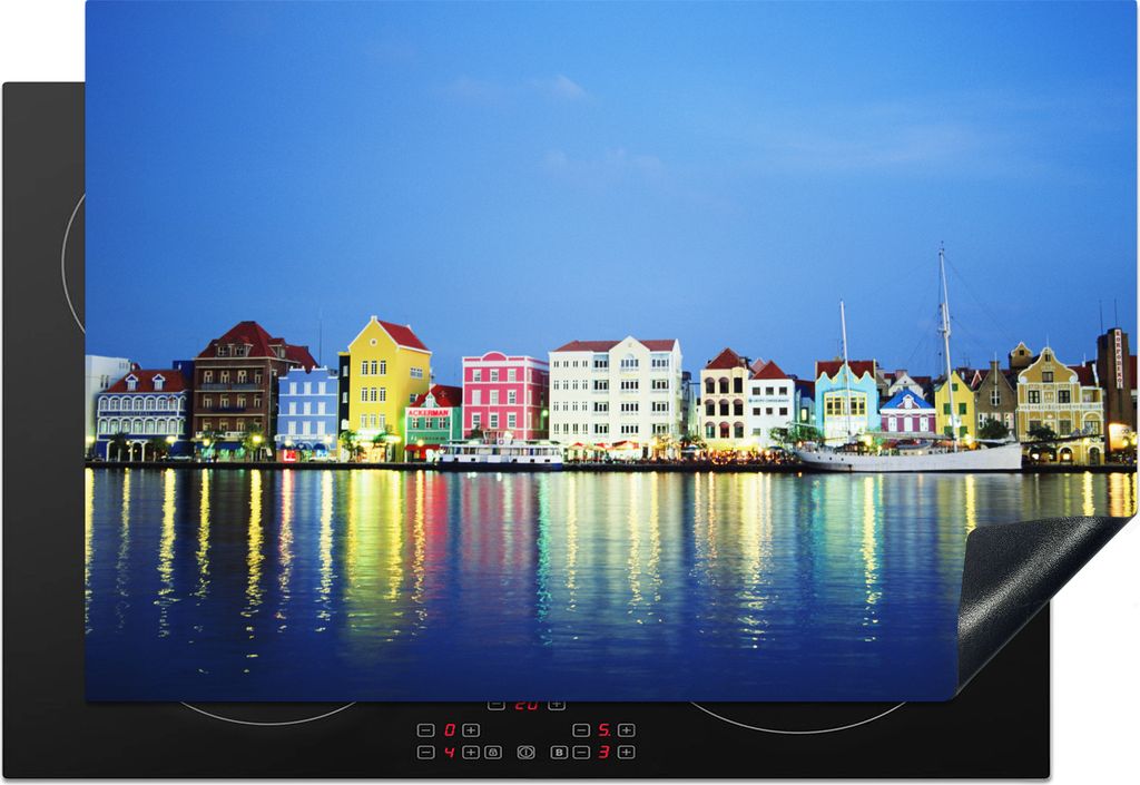 KitchenYeah Herdabdeckplatte Curaçao - Häuser - Skyline , 77x51cm, Küche Deko, Glaskeramikkochfeld Herdabdeckung, Abdeckplatte fùr Kochfeld