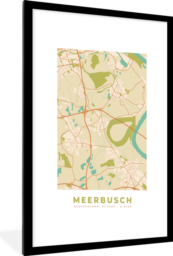 MuchoWow Gerahmtes Poster Meerbusch - Karte - Stadtplan - Vintage 60x90 cm - Poster mit Schwarzem Bilderrahmen Wandposter Rahmen Foto Bilder - De...