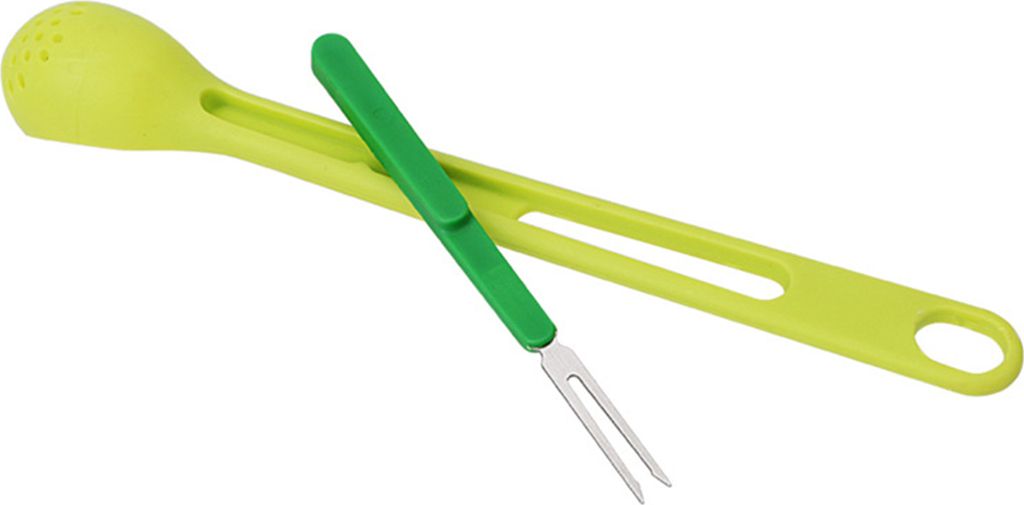 2-in-1-Schaumlöffel-Gabel-Set, spülmaschinenfest, mit langem Griff und Gabel, leicht zu reinigen, auslaufsicher, ideal für Küche, Oliven, Dosen...