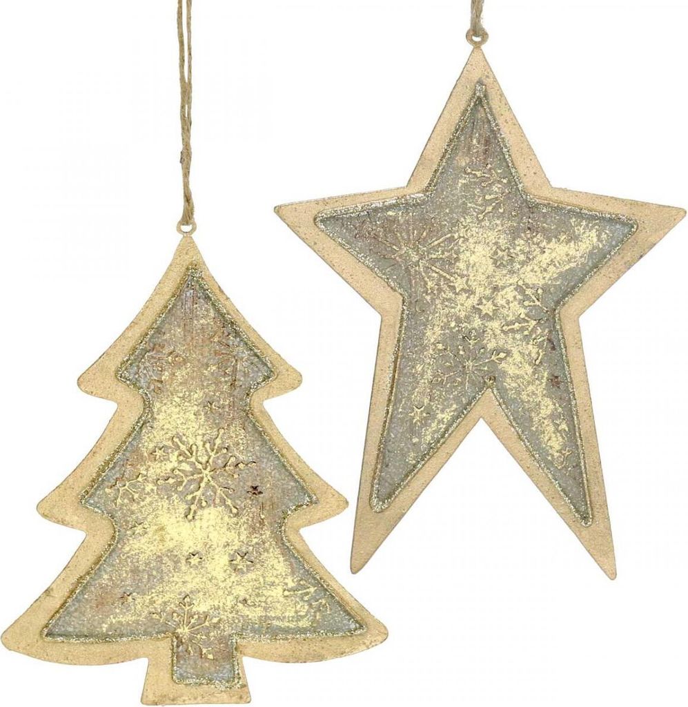 Weihnachtsdeko Anhänger Set "Tanne & Stern" in Gold Antik-Look, Christbaumschmuck mit Juteband, 4 Stück H15,5/17cm