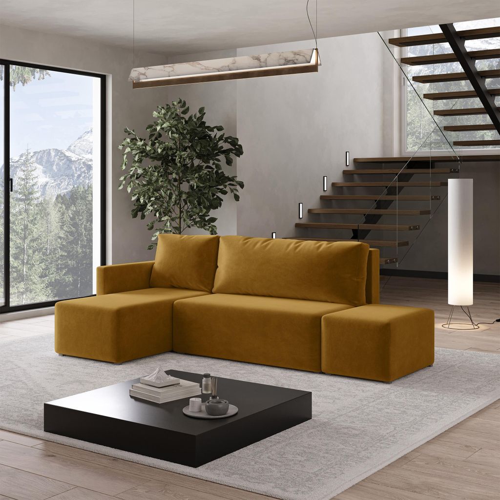 Masseno Ecksofa VELOTTI L-S mit Schlaffunktion L-Form, Sofa mit Bettkasten, Wohnzimmersofa, Couch, Soffa, Bettsofa, Couchgarnitur- Gelb, KRONOS 01