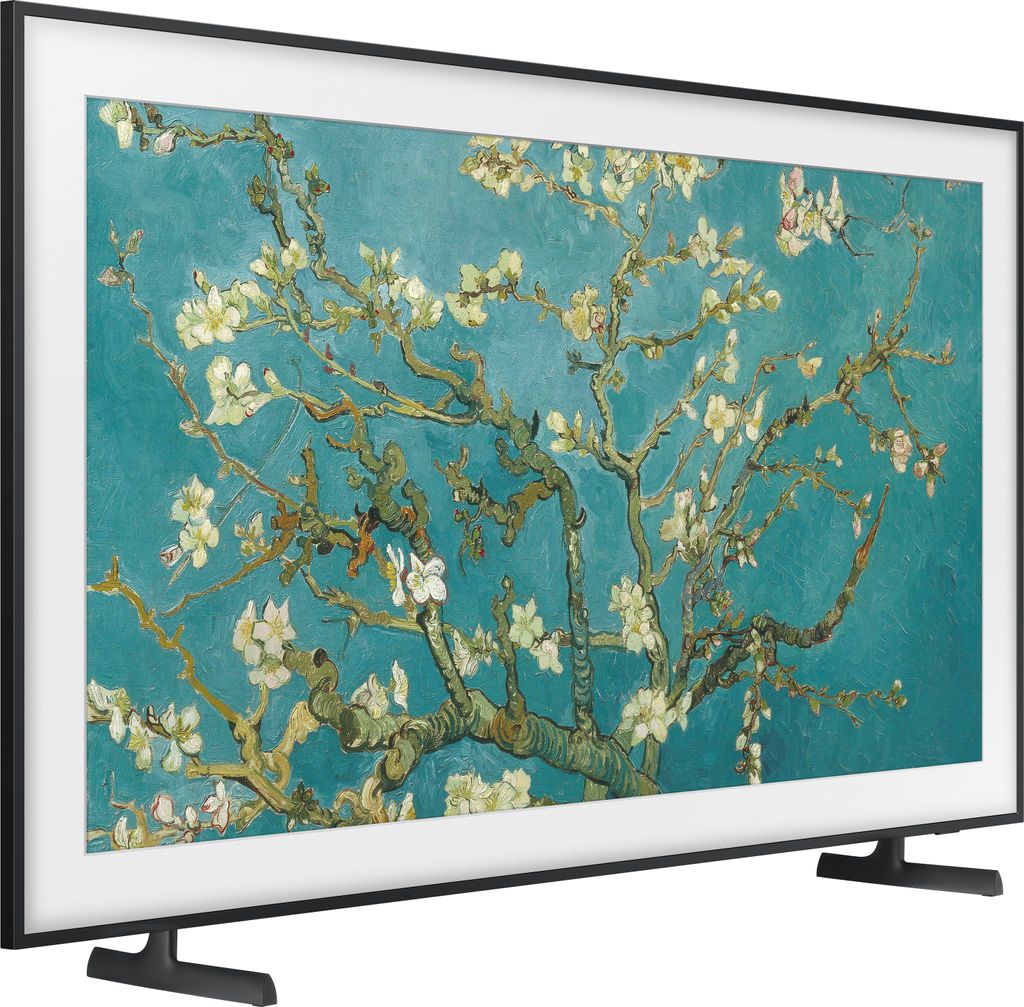 A television displaying a painting of a flowering tree.