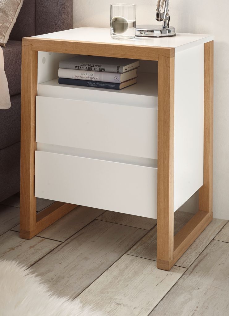 Nachttisch "Facil" weiß lackiert und Eiche massiv, Nachtschrank Boxspring