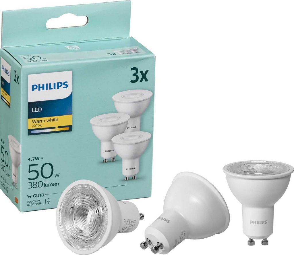 A product package of Philips LED bulbs with three bulbs shown separately.