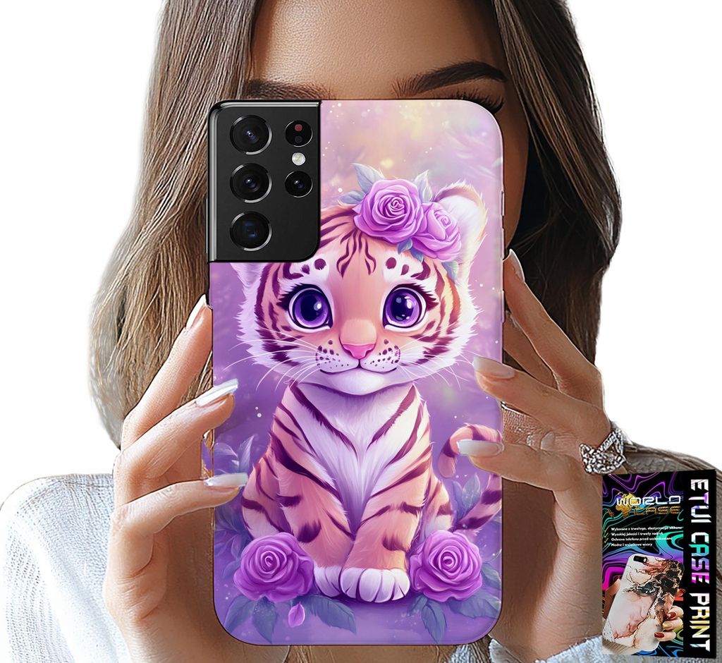 Hülle für Samsung Galaxy S21 Ultra - süßer Tiger auf rosa Hintergrund + Folie