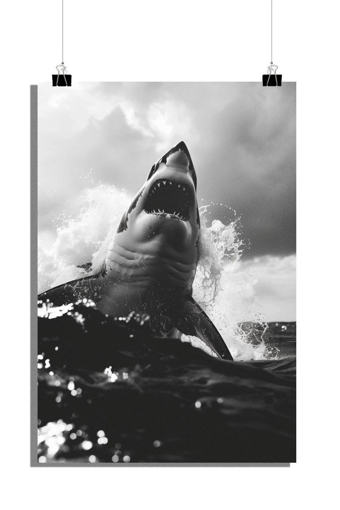 Großer Weißer Hai Poster - Tier Poster - Meer Poster - Schwarzweiß Poster - 51x71cm - Perfekt zum Einrahmen