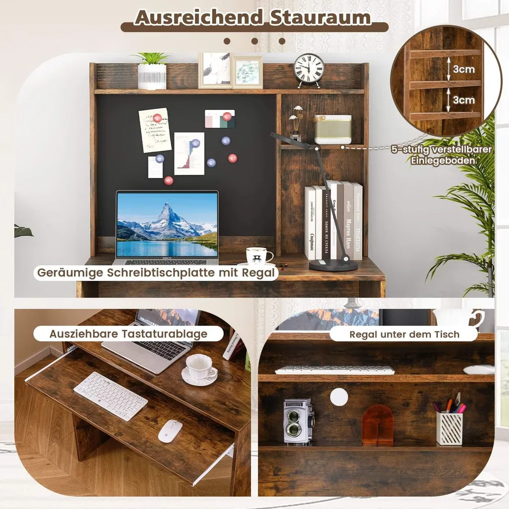 Bureau gain de place marron : tableau magnétique et support clavier LCD