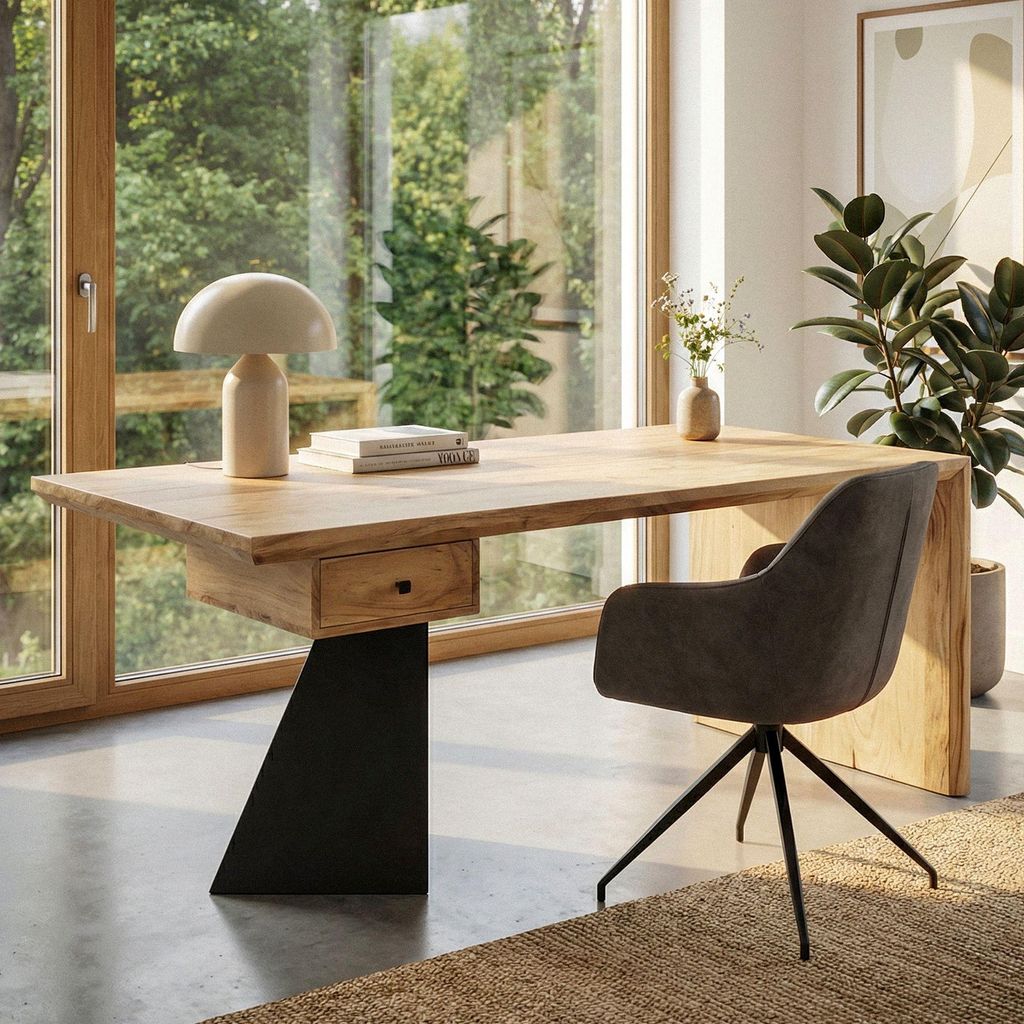WOHNLING Schreibtisch Massivholz Akazie 180cm rechteckig mit Schublade - Moderner massiver Bürotisch mit Metall - Natur Holztisch Industrial Design