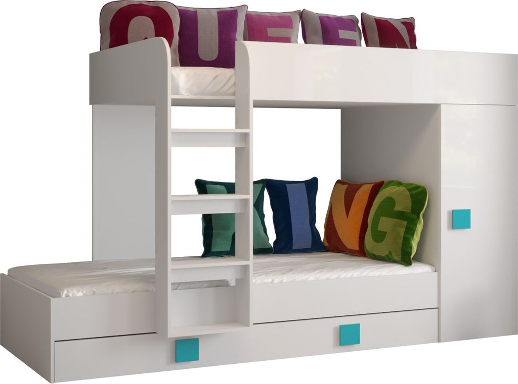 Etagenbett für Kinder Toledo 2 Stockbett mit Treppe und Bettkasten (Weiß + Weiß Glanz + türkise Griffe)