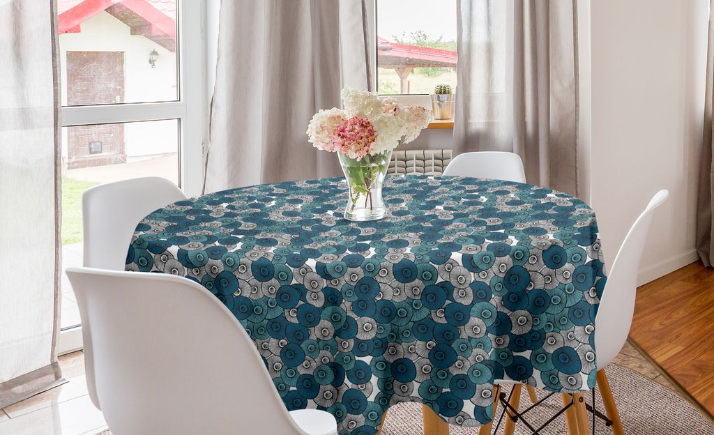 ABAKUHAUS Botanisch Runde Tischdecke, Doodle mit Strähnen, Kreis Tischdecke Abdeckung für Esszimmer Küche Dekoration, 150 cm, Petrol Blau Pale T...