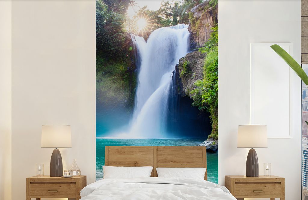 MuchoWow Fototapete für Wohnzimmer oder Schlafzimmer Wandtapete Vinyl Motivtapete Wasserfall - Steine - Landschaft - Pflanzen - Wasser - 120x240...