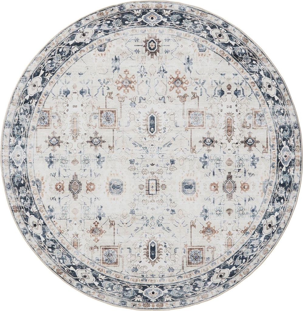 benuta Waschbarer Vintage Teppich George Creme/Grau ø 160 cm rund Wohnzimmerteppich Schlafzimmer weich orientalisch