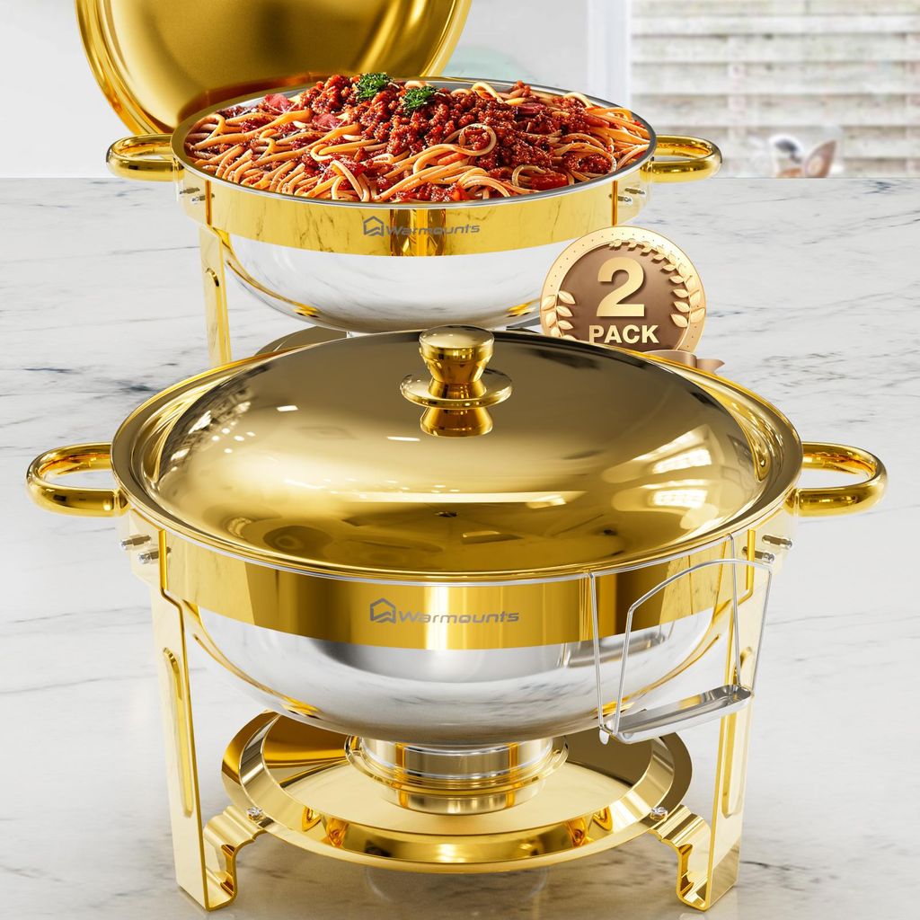 WARMOUNTS 2er Chafing Dish, 4,7L Rund Edelstahl Buffetwärmer mit Edelstahldeckel & Halterung, Spiegelpoliert für Party Event Hochzeit