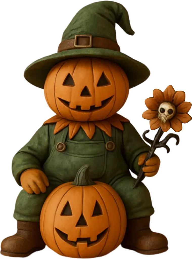Kürbismann-Figur, gruselige Halloween-Kürbiskopf-Vogelscheuchenstatue mit Totenkopf, Sonnenblume, Mini-Schreibtisch-Ornament für den Innenbereic...