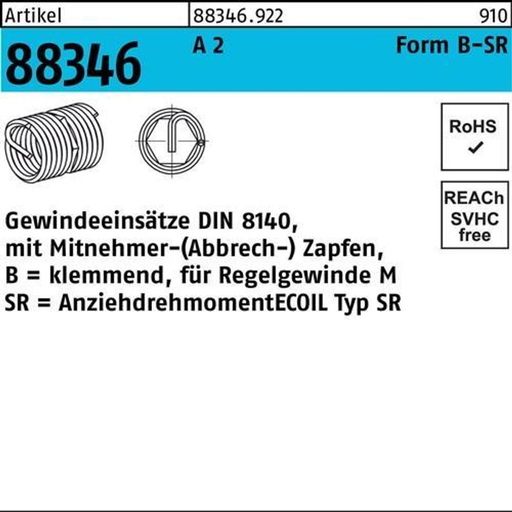 Gewindeeinsatz R 88346 FormB-SR BM 6x 6 A 2 25 Stück AMECOIL
