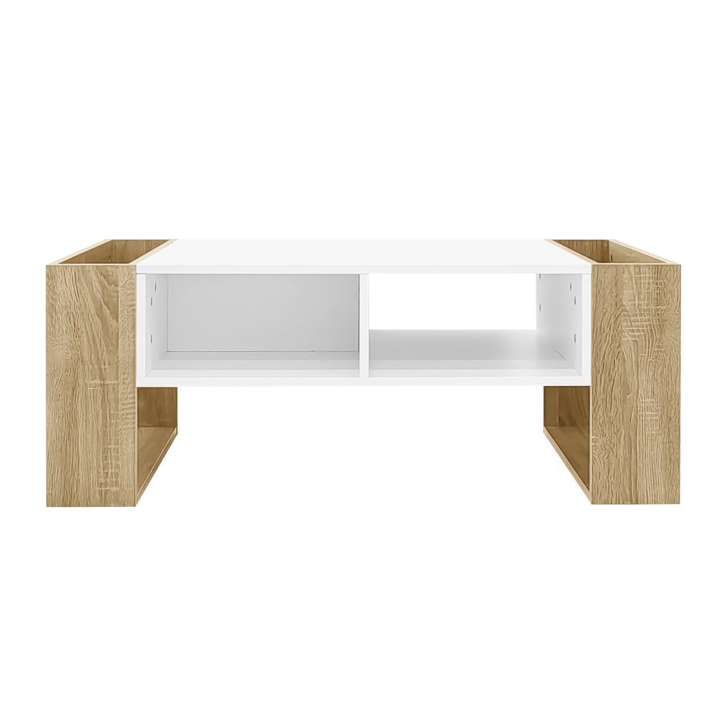 Couchtisch Beistelltisch Kaffetisch aus Holzmaserung mit doppelseitiger Stauraum Eine grifflose Schublade, ein Staufach und Heckstaufach