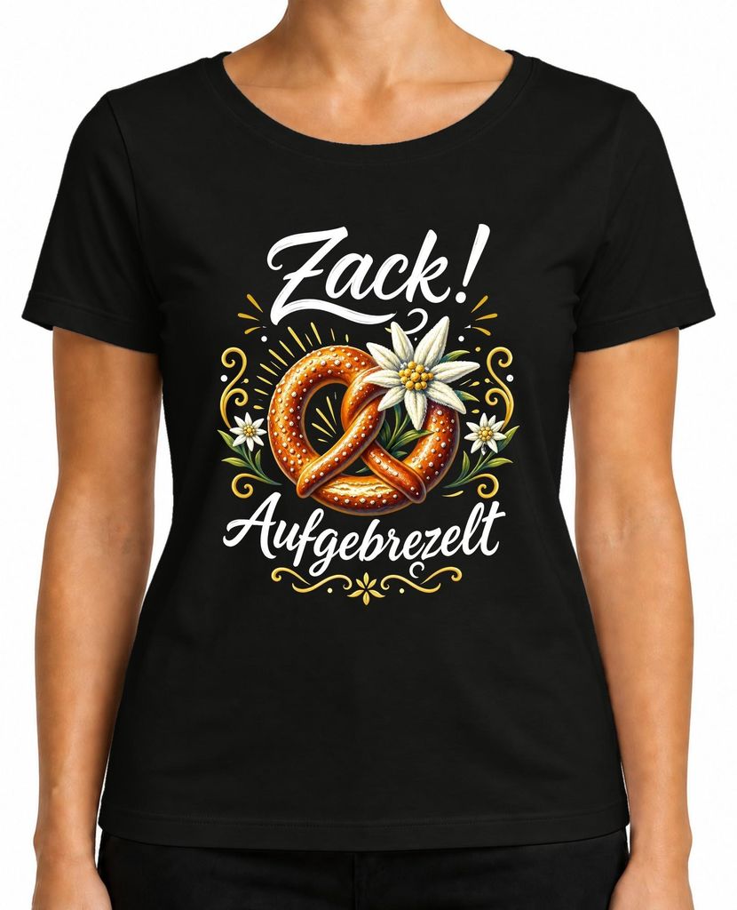 Zackig Aufgebrezelt Brezel Edelweiß Alpen Trachtenshirt Produktbild 