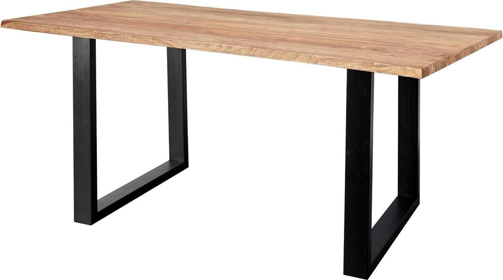 Baumkantentisch 240x100cm Marek, Sheesham-Holz naturbelassen, Esstisch mit echter Baumkante, massiver Esszimmertisch mit U-Gestell Mattschwarz, Tis...