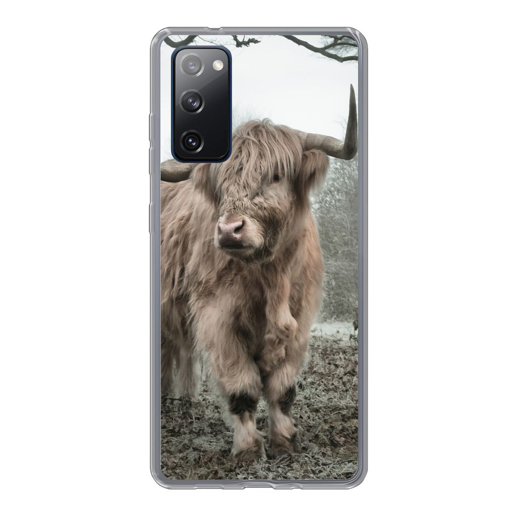 MuchoWow Handyhülle Schutzhülle Hülle für Samsung Galaxy S20 FE Schottischer Highlander - Wald - Nebel - Kuh - Tiere - Natur Silikon Softcase...