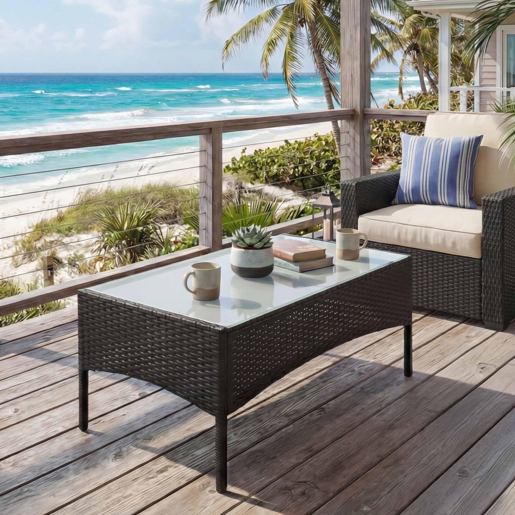 Poly-Rattan Gartentisch Halden, Beistelltisch Tisch mit Glasplatte anthrazit