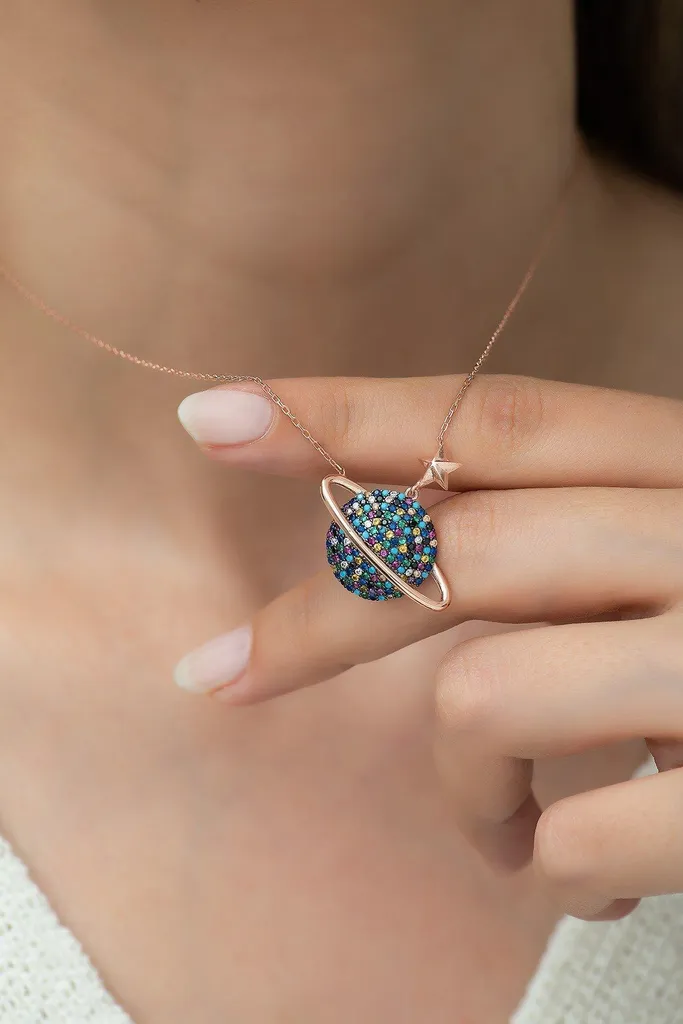 Pendentif Galaxie Argent 925 et Cristaux - Collier Femme Thème Astral