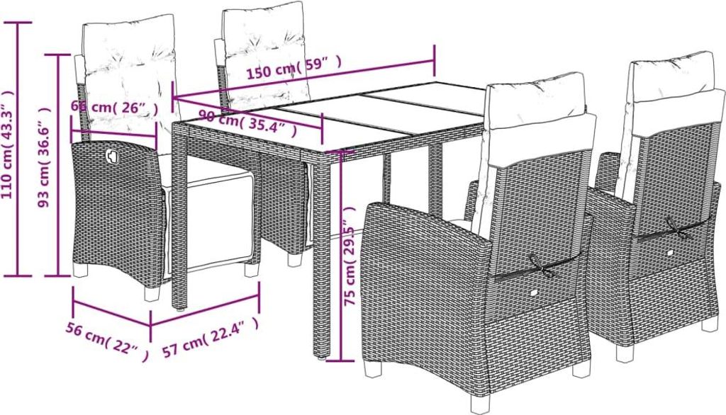 vidaXL 5-tlg. Garten-Essgruppe mit Kissen Schwarz Poly Rattan