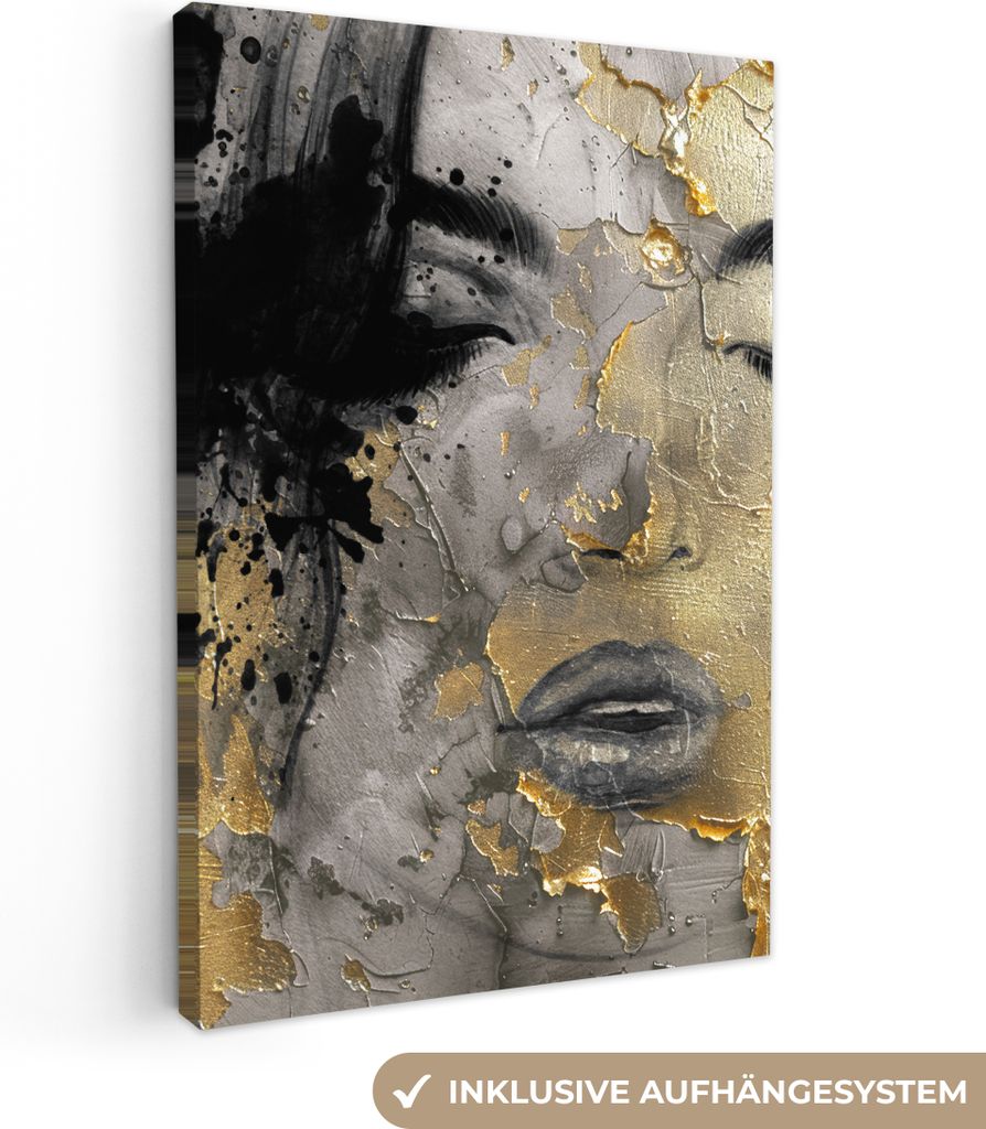 Wanddeko 60x90 cm - Frau - Kunst - Gold - Schwarz, Leinwand Bilder, Gemälde, Wanddeko