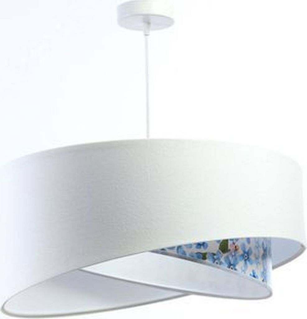 Hängelampe Stoff E27 D: 50 cm rund H: max. 102 cm Weiß Hellblau (Blumen Print) Modern Pendelleuchte