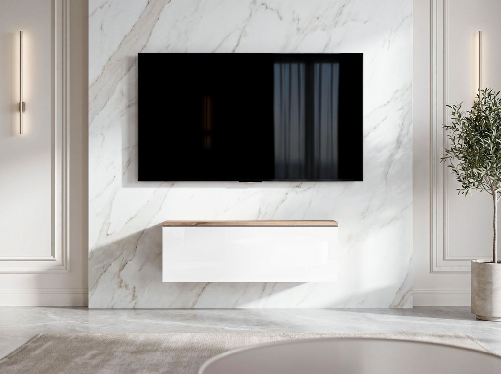 AX LIVING Barvo 100 TV Kommode Lowboard Braun / Weiß Hochglanz Hängend