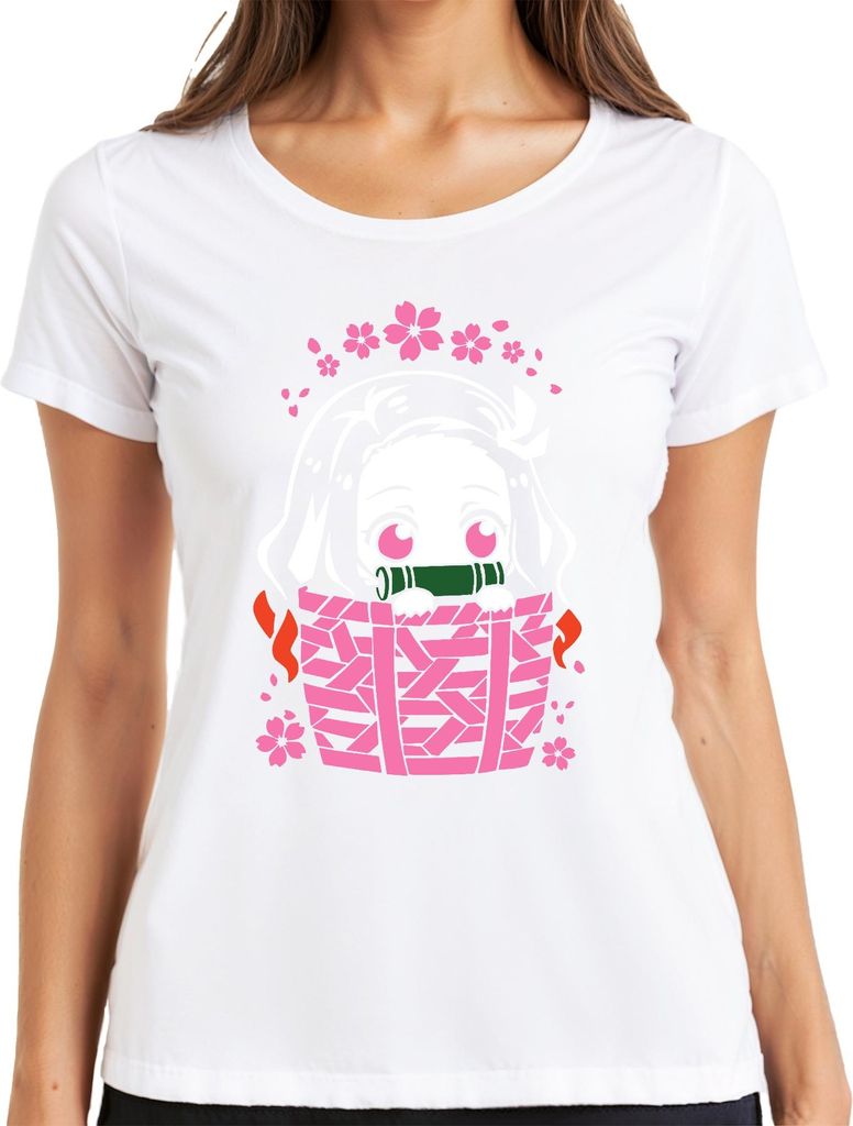 Nezuko Kimetsu No Yaiba Anime Kawaii Bambus Korb Sakura Geschenk Damen T-Shirt, Weiß, L