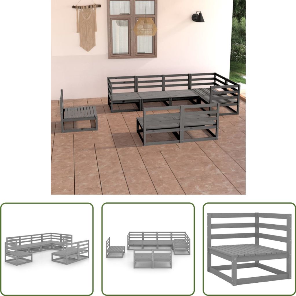 The Living Store 8-tlg. Garten-Lounge-Set Grau Massivholz Kiefer