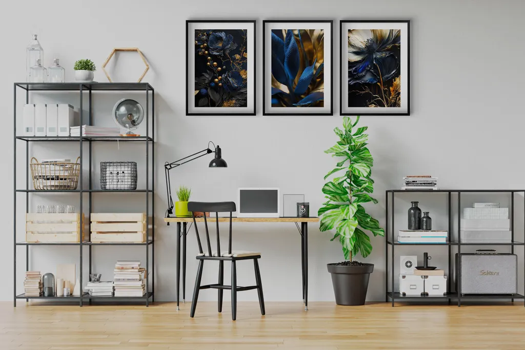 Trittico Poster Astratti Fiori Oro Blu | Arredo Parete Soggiorno - 4