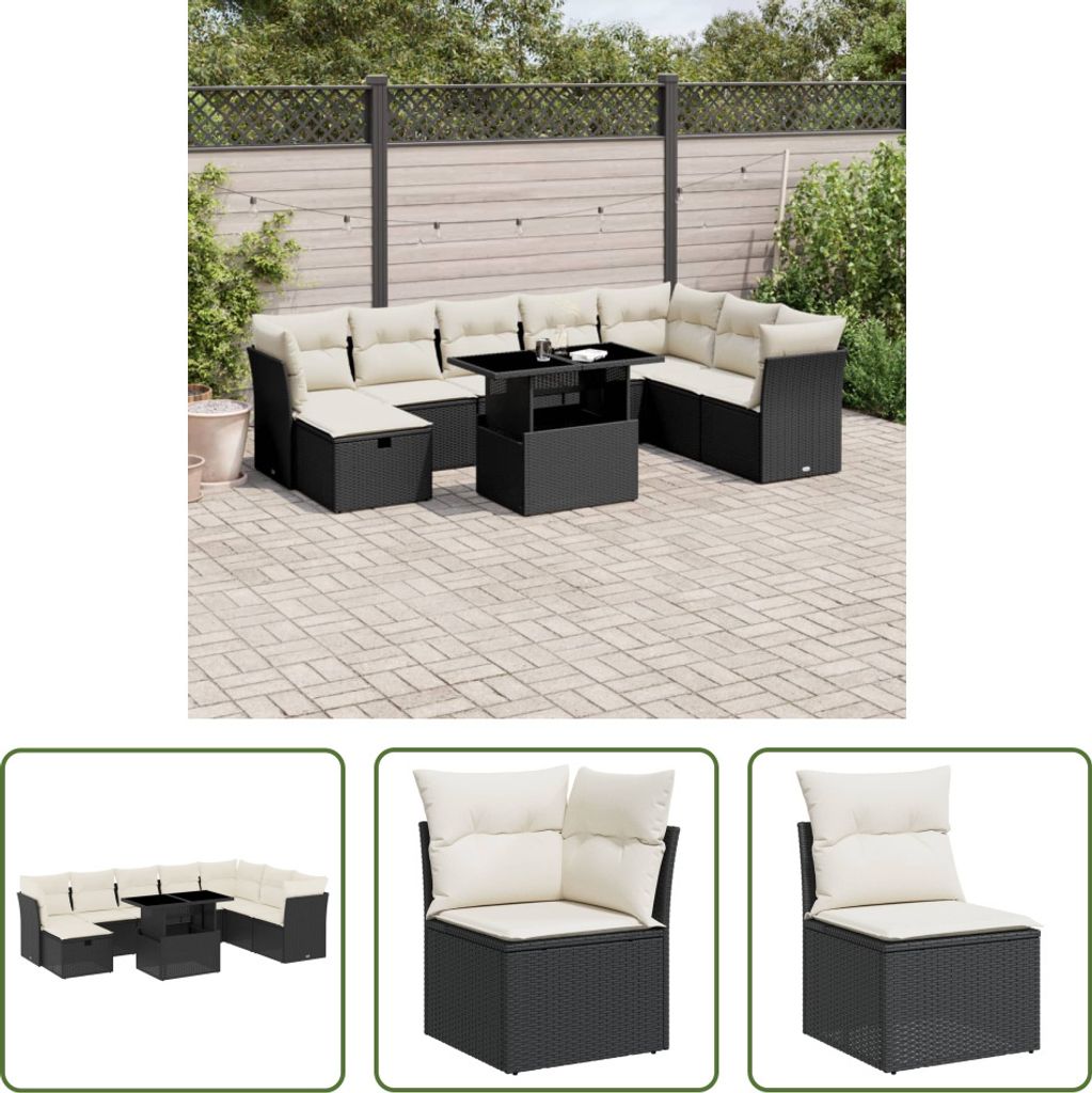 The Living Store 9-tlg. Garten-Sofagarnitur mit Kissen Schwarz Poly Rattan
