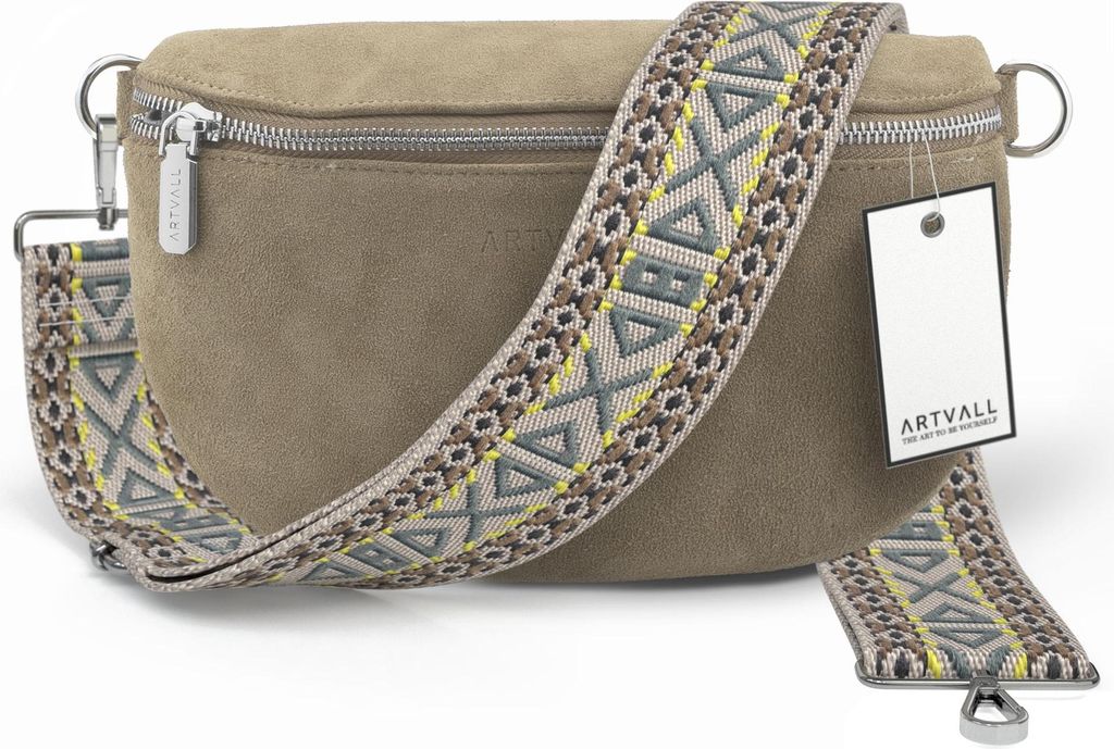 ARTVALL - Umhängetasche aus Wildleder, Klein mit verstellbarem Schultergurt, abnehmbares Taschenband, Crossbody Bag in Taupe