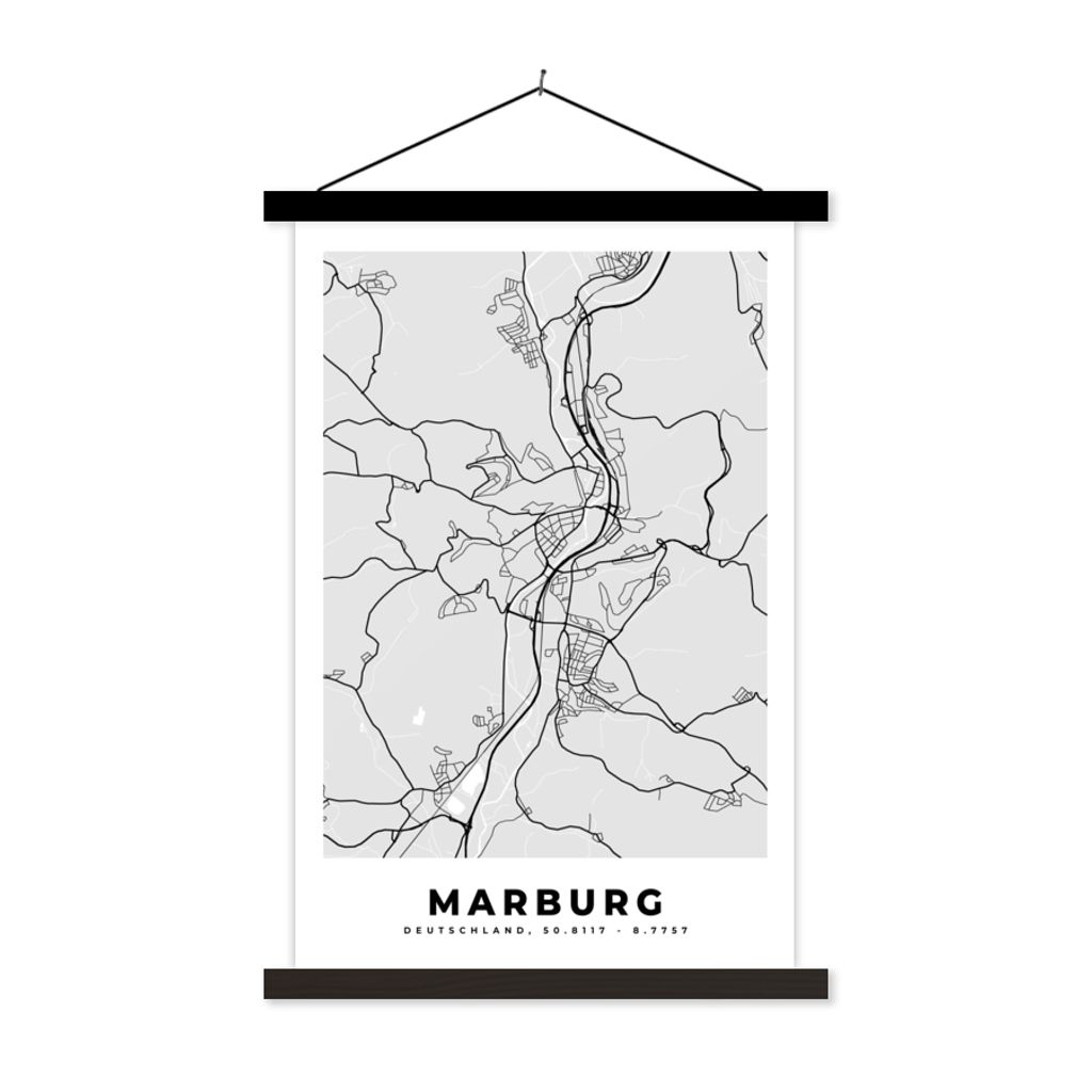 MuchoWow Textilposter Stadtplan - Karte - Marburg - Deutschland 120x180 cm mit schwarzem Rahmen - Fotos