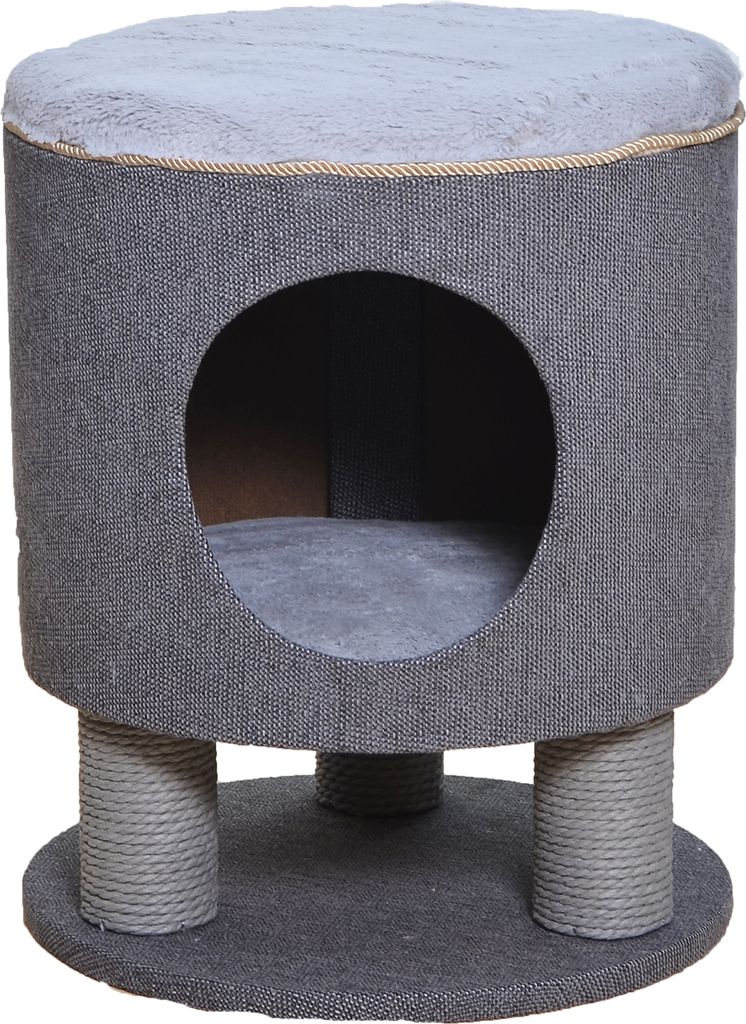 Dehner Katzen-Kratzhöhle Vincent, Ø 40 cm, Höhe 48 cm, Holz/Plüsch/Textilien, grau