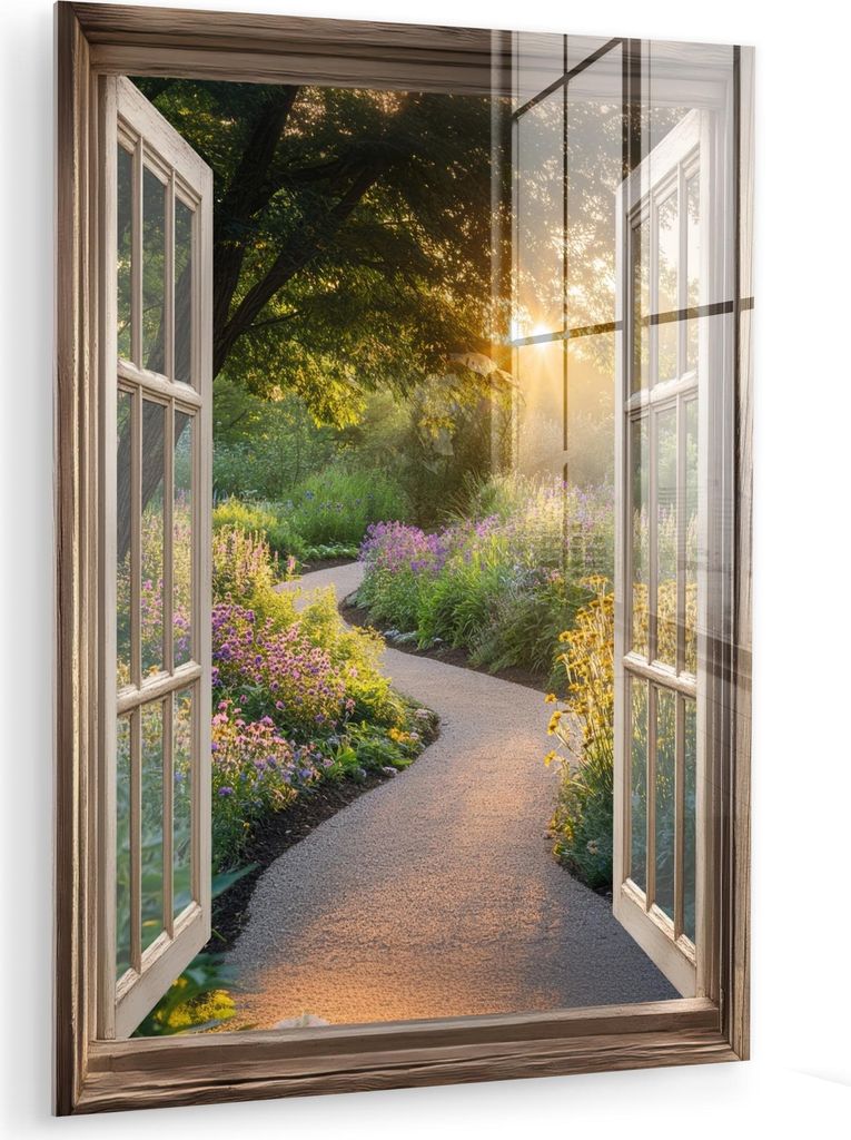 MuchoWow Glasbilder - Bilder auf Wandbild - Foto auf Glas Aussicht - Blumen - Natur - Sonne - Weg 60x80 cm Wanddekoration aus Glas - Acrylglasbild ...