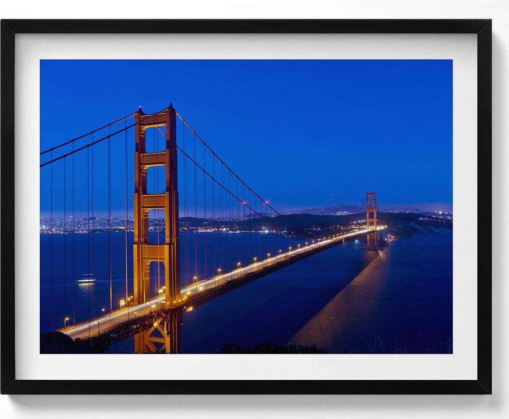 Blick auf die Golden Gate Bridge– Wandbild mit Rahmen – Gerahmtes Bild – Wanddekoration – 80x60 cm – Schwarz Rahmen