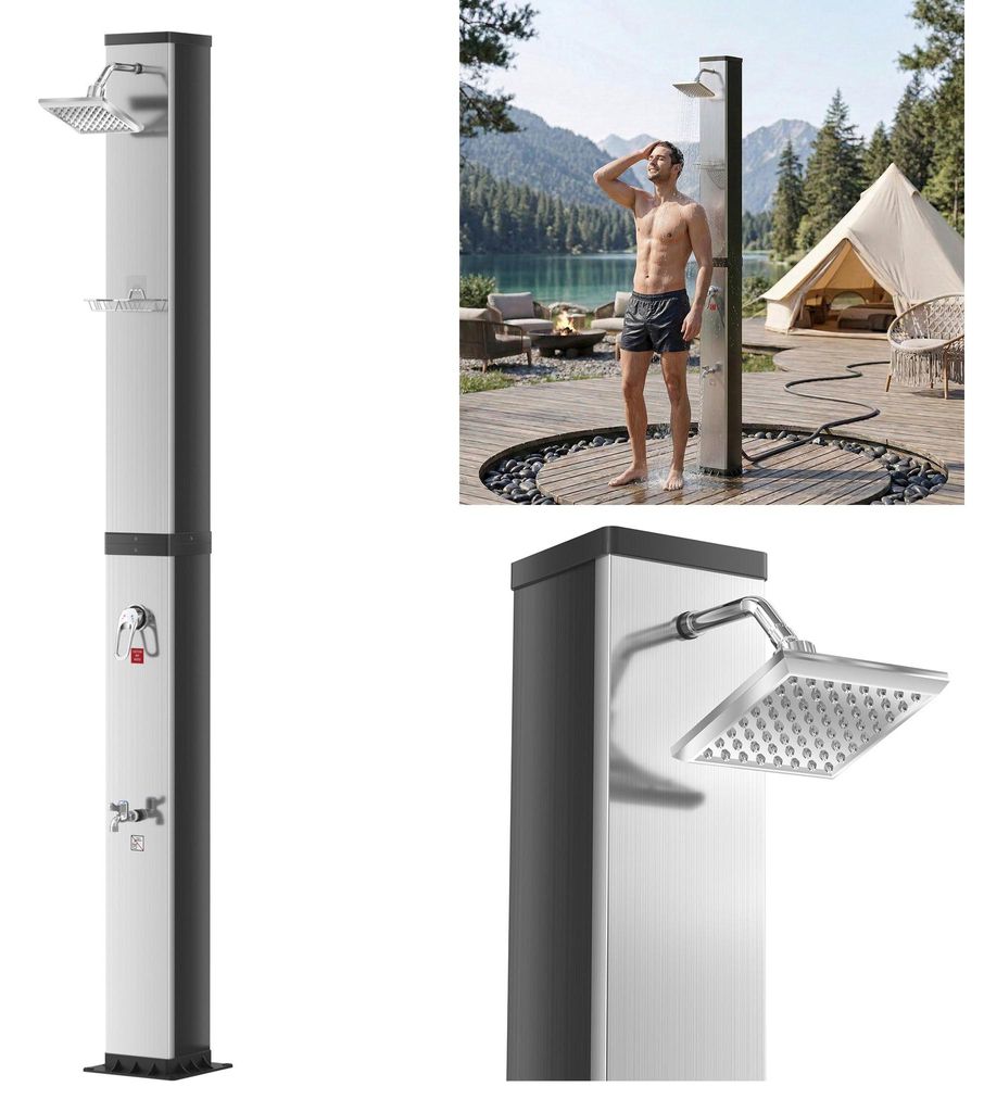 TRMLBE Solar Gartendusche 40L, Silber-Schwarz, 360°Duschkopf, Einhebelmischung & UV-beständig, inkl. Abdeckung, Auäendusche für Garten & Pool