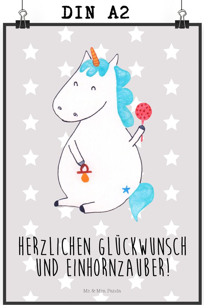 Mr. & Mrs. Panda Bild Einhorn Baby DIN A2 - Grau Pastell - Geschenk, drucke, Mutter, Party, Deko, Kunstdruck, Unicorn, Einhörner, Wandbild, Geburt...