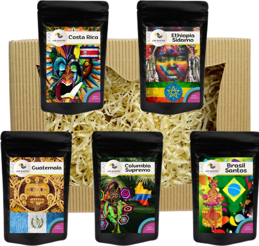 Los Gustos Geschenk Set 5x70 g - Kaffeebohnen im Geschenkkarton , das perfekte Geschenk, Ganze Bohnen, Arabica, Frisch Geröstet