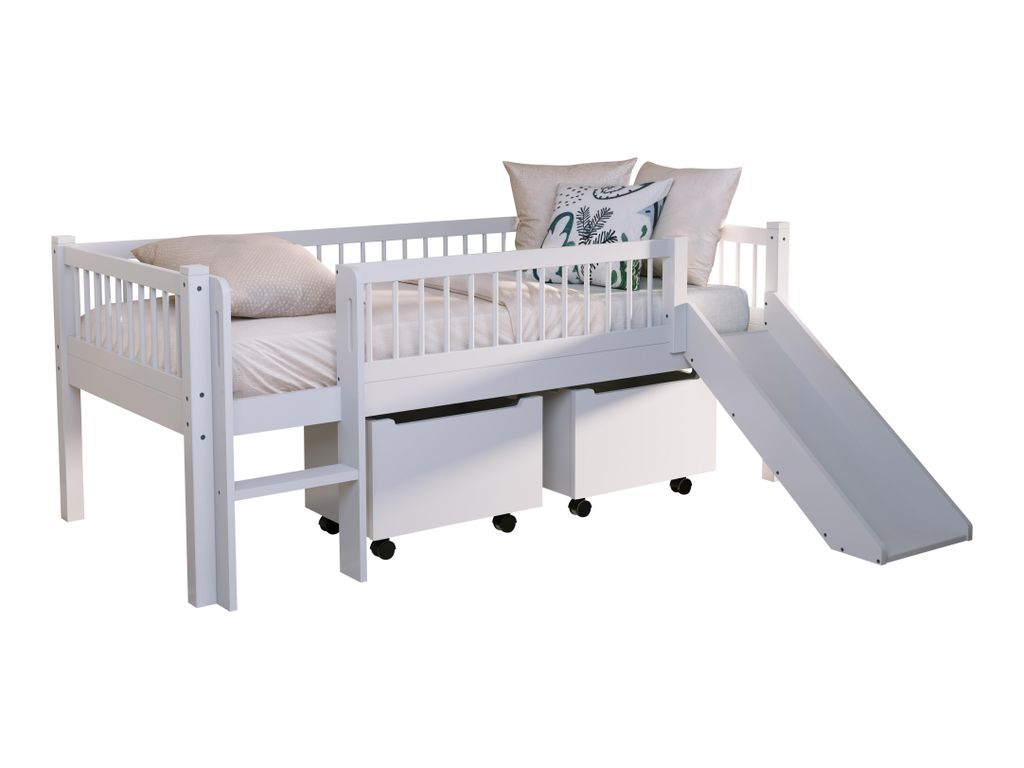 VIPACK - FORREST Buche Junior-Spielbett 90x200 cm, inkl. Lattenrost, Leiter, 2 Rollboxen und Rutsche, Buche massiv weiß lackiert