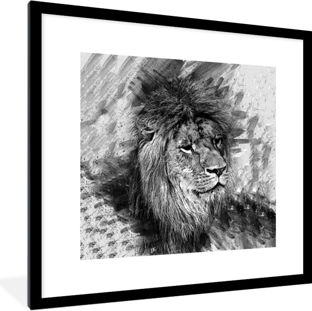 MuchoWow Gerahmtes Poster Löwe - Muster - Schwarz - Weiß 40x40 cm - Poster mit Schwarzem Bilderrahmen Wandposter Rahmen Foto Bilder - Poster - ...