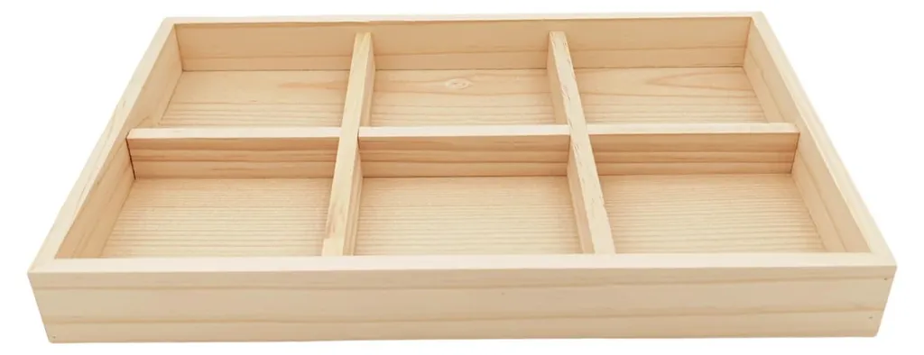 Plateau de présentation en bois 6 sections pour bijoux et accessoires