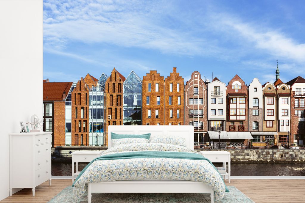 MuchoWow Fototapete für Wohnzimmer oder Schlafzimmer Wandtapete Vinyl Motivtapete Motlawa Flussufer in Danzig Polen - 330x220 cm - Fototapeten