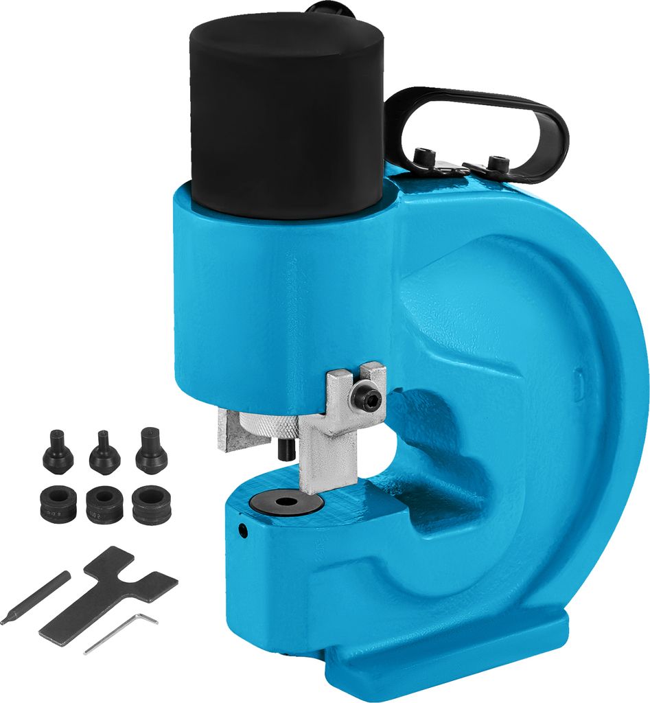 A blue hydraulic punch tool with various accessories is displayed against a white background.