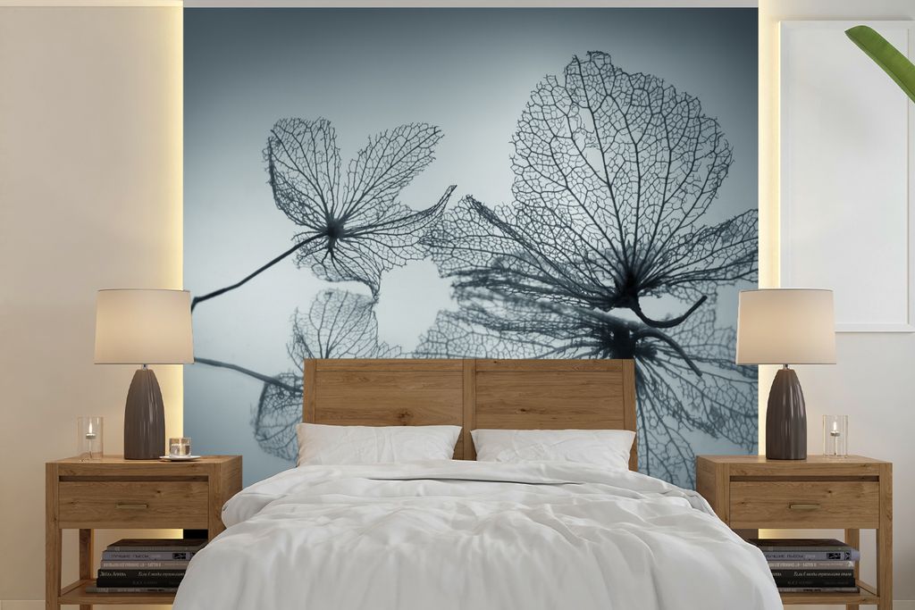 MuchoWow Fototapete für Wohnzimmer oder Schlafzimmer Wandtapete Vinyl Motivtapete Stilleben - Blätter - Schwarz - Weiß - 240x240 cm - Schlafzi...
